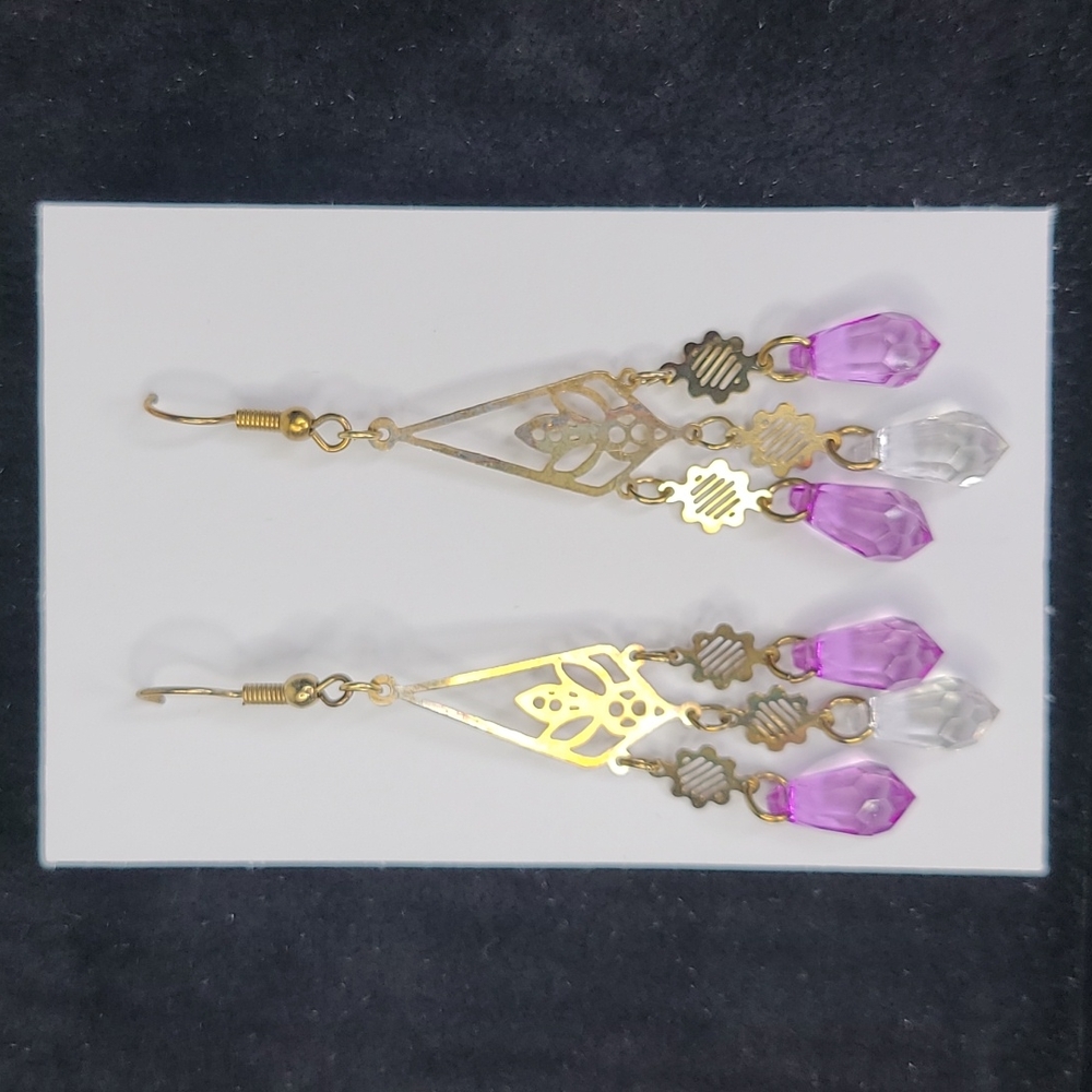 Lotus Flower Earrings Delicate Dangle Gold Tone Purple White Crystal Lightweight